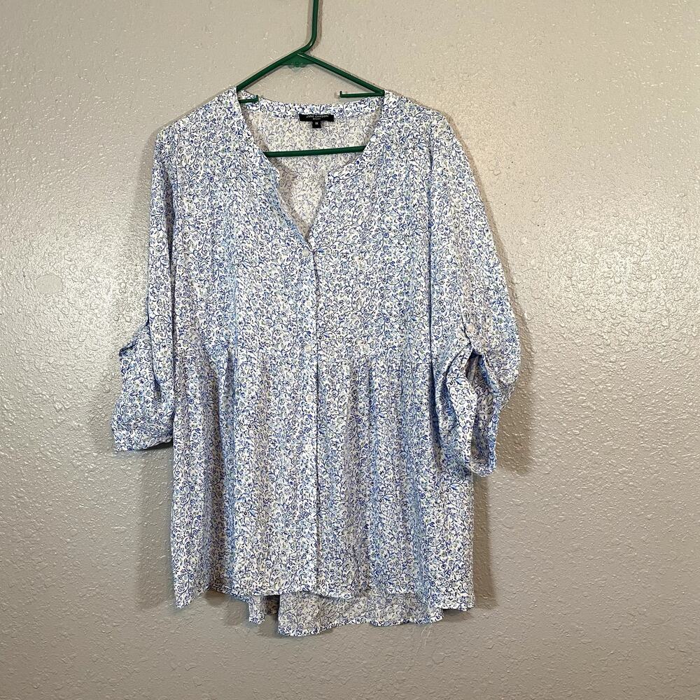 Anne Carson 1x Womens White Blue Blouse Button Floral Blue Green 3/4 Sleeve